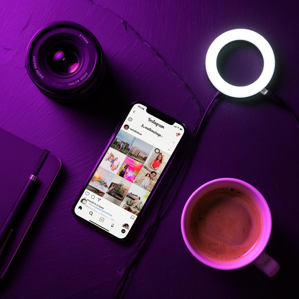 Creator workspace flatlay with phone, camera and ring light