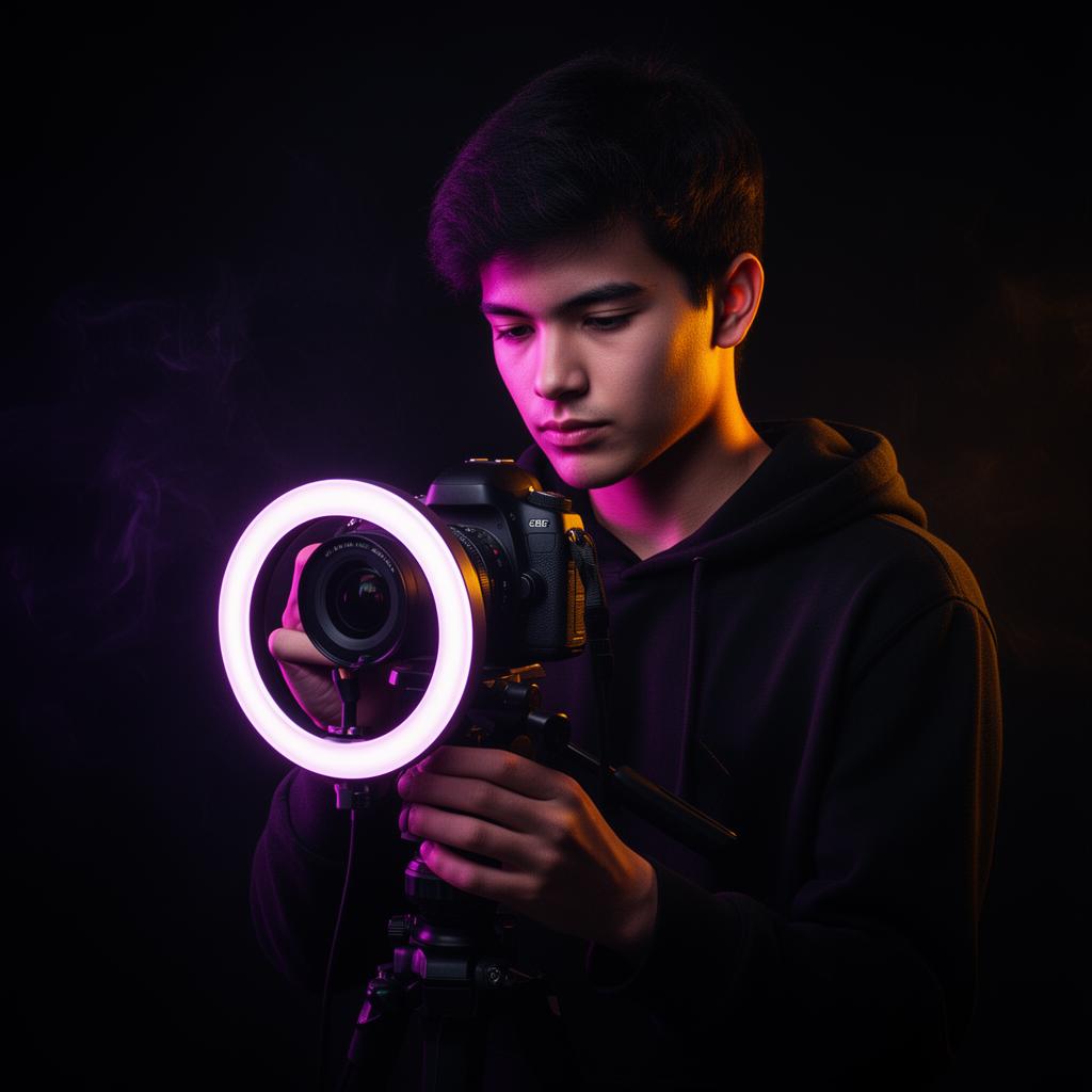 Creator filming with ring light and camera